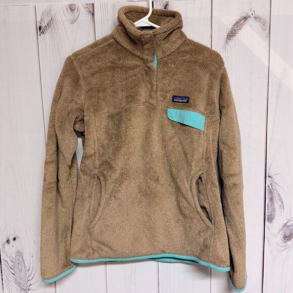 Patagonia Tops - Patagonia Women’s Re-Tool Snap-T Pullover Medium Tan Aqua Trim EUC